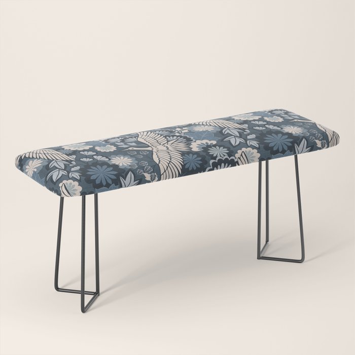 Cranes and Chrysanthemums - Indigo Blue Bench Gallery Image 1