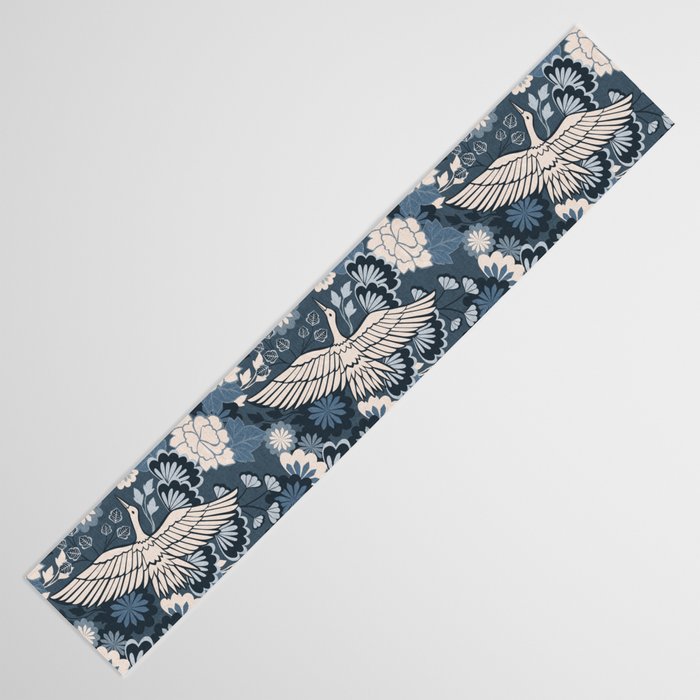 Cranes and Chrysanthemums - Indigo Blue Table Runner Gallery Image 3