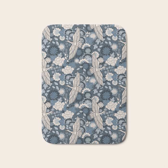 Cranes and Chrysanthemums - Indigo Blue Bath Mat Gallery Image 1
