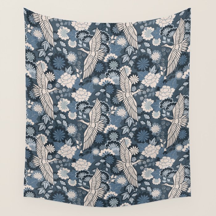 Cranes and Chrysanthemums - Indigo Blue Wall Tapestry Gallery Image 4