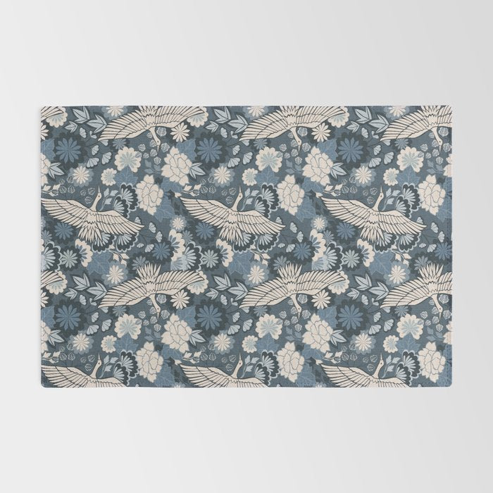 Cranes and Chrysanthemums - Indigo Blue Rug Gallery Image 2