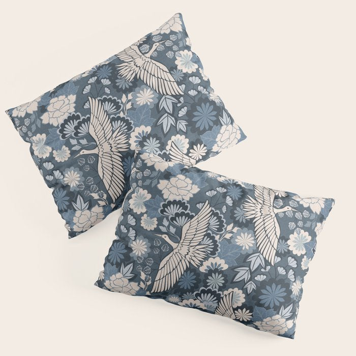 Cranes and Chrysanthemums - Indigo Blue Pillow Sham Gallery Image 3