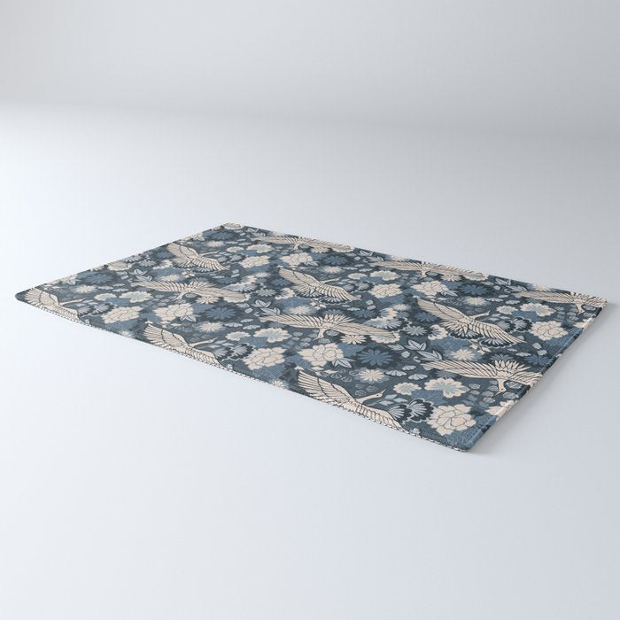Cranes and Chrysanthemums - Indigo Blue Rug Gallery Image 3