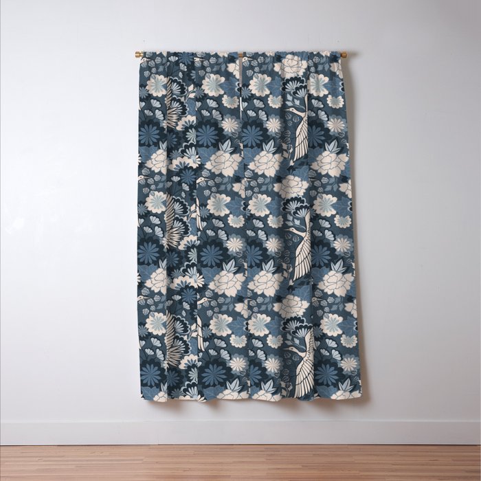Cranes and Chrysanthemums - Indigo Blue Window Curtain Gallery Image 3