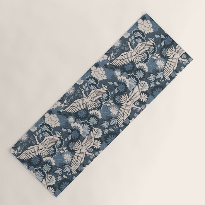 Cranes and Chrysanthemums - Indigo Blue Yoga Mat Gallery Image 1