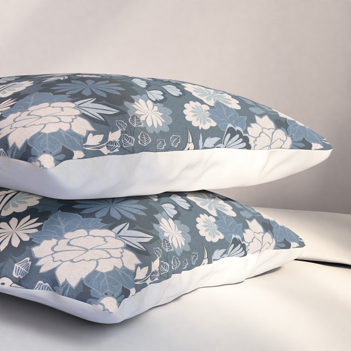 Cranes and Chrysanthemums - Indigo Blue Pillow Sham Gallery Image 3