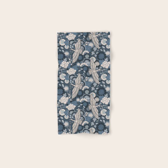 Cranes and Chrysanthemums - Indigo Blue Bath Towel Gallery Image 1