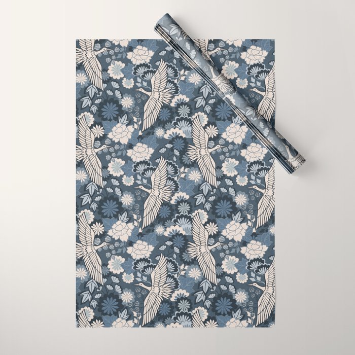 Cranes and Chrysanthemums - Indigo Blue Wrapping Paper Gallery Image 1