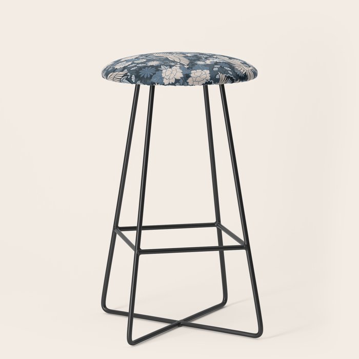Cranes and Chrysanthemums - Indigo Blue Stool Gallery Image 1
