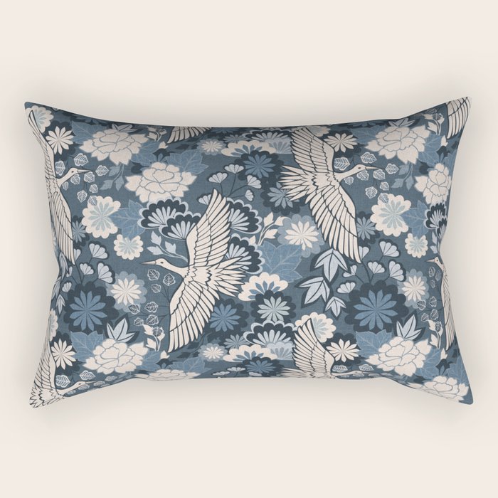 Cranes and Chrysanthemums - Indigo Blue Rectangular Pillow Gallery Image 1