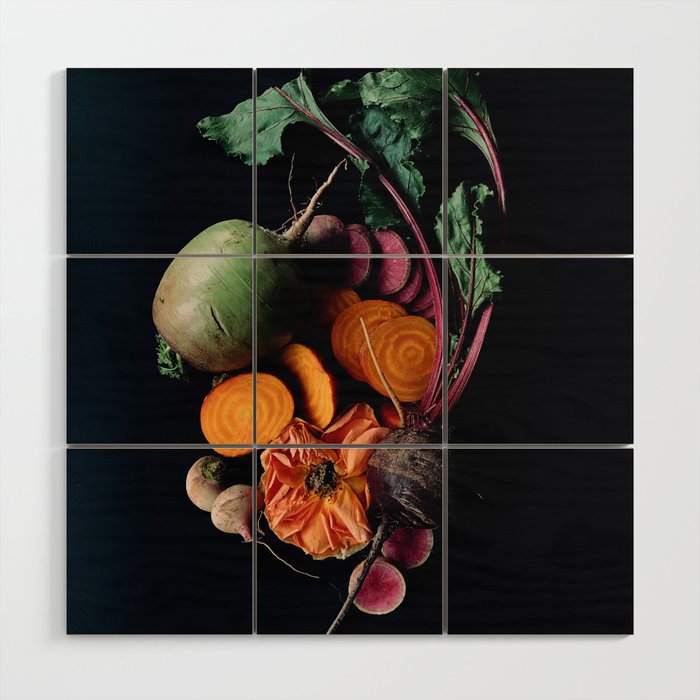 Moody Root Vegetables and Rose Wood Wall Art Gallery Image 1