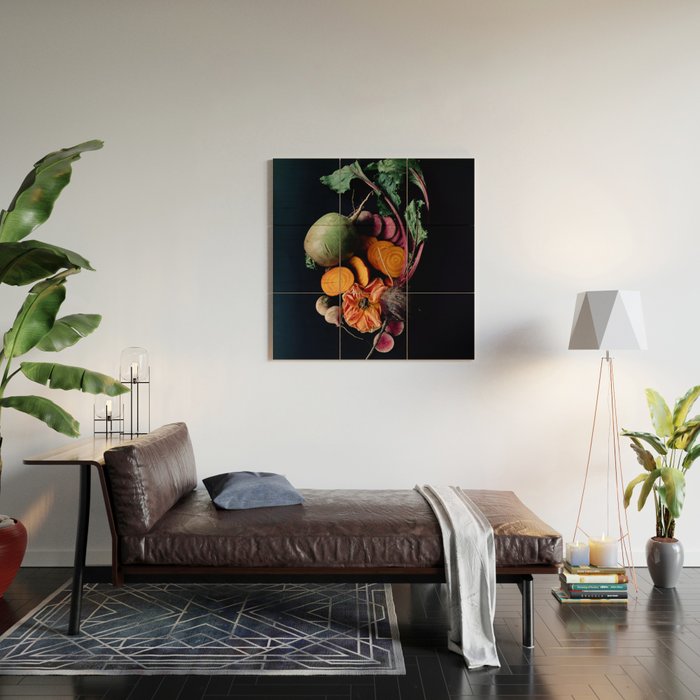 Moody Root Vegetables and Rose Wood Wall Art Gallery Image 2