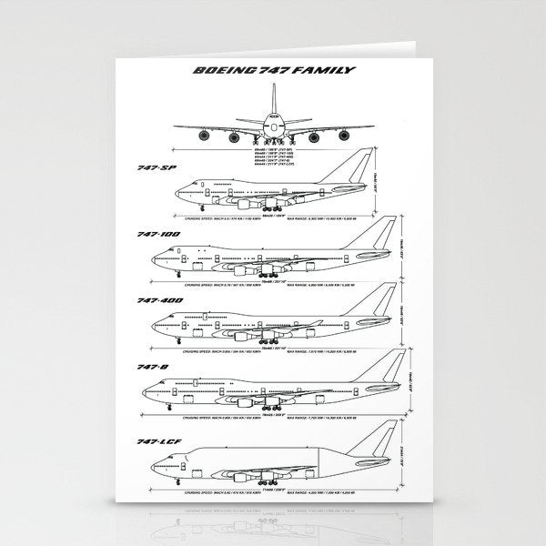 Boeing 747 Family Blueprint in High Resolution (white) Stationery Card Gallery Image 2