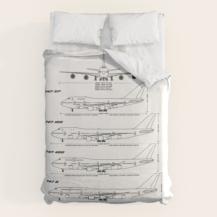 Boeing 747 Family Blueprint in High Resolution (white) Duvet Cover Gallery Image 6