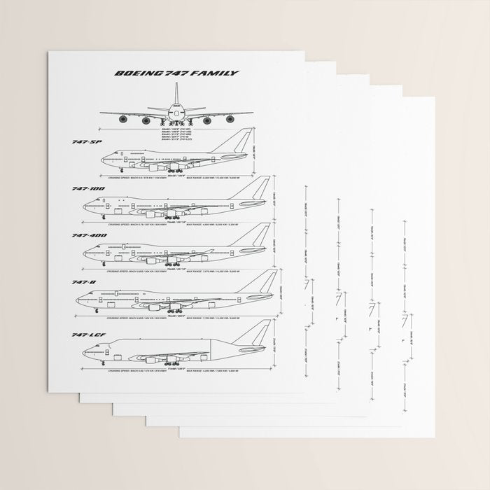 Boeing 747 Family Blueprint in High Resolution (white) Wrapping Paper Gallery Image 3