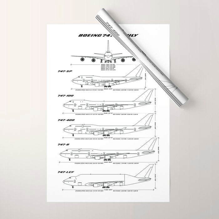 Boeing 747 Family Blueprint in High Resolution (white) Wrapping Paper Gallery Image 1
