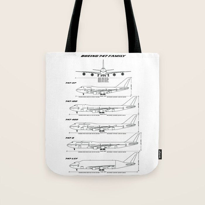 Boeing 747 Family Blueprint in High Resolution (white) Tote Bag Gallery Image 1