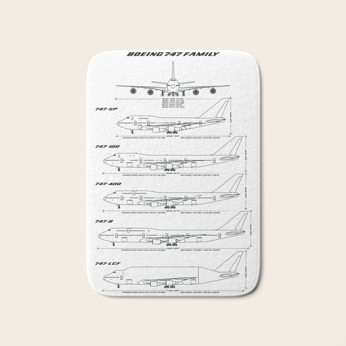Boeing 747 Family Blueprint in High Resolution (white) Bath Mat Gallery Image 1