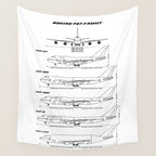 Boeing 747 Family Blueprint in High Resolution (white) Wall Tapestry Gallery Image 4