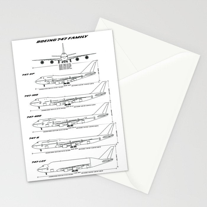 Boeing 747 Family Blueprint in High Resolution (white) Stationery Card Gallery Image 2