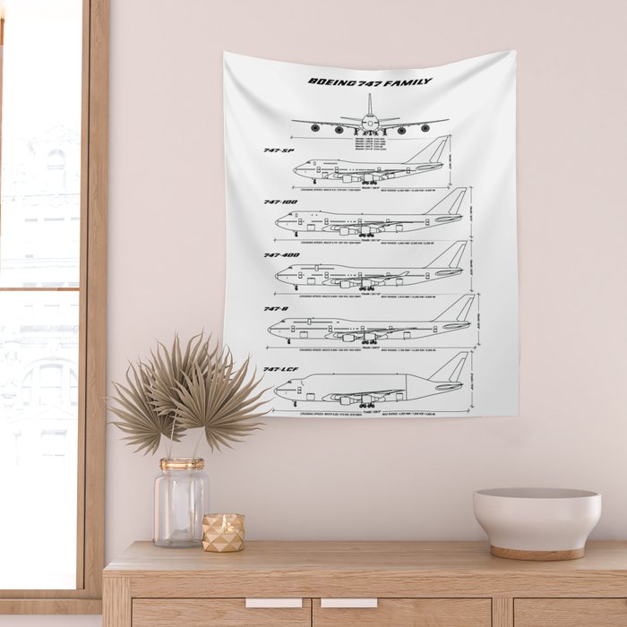 Boeing 747 Family Blueprint in High Resolution (white) Wall Tapestry Gallery Image 2