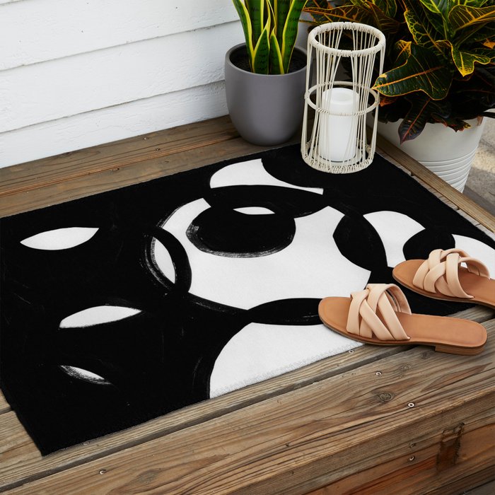 Circle Spirals Black & White Minimalist Ink Tribal Mid Century Pattern Dark Painting Pattern Outdoor Rug Gallery Image 2