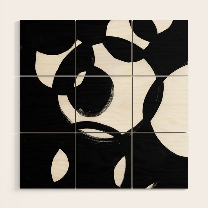 Circle Spirals Black & White Minimalist Ink Tribal Mid Century Pattern Dark Painting Pattern Wood Wall Art Gallery Image 1