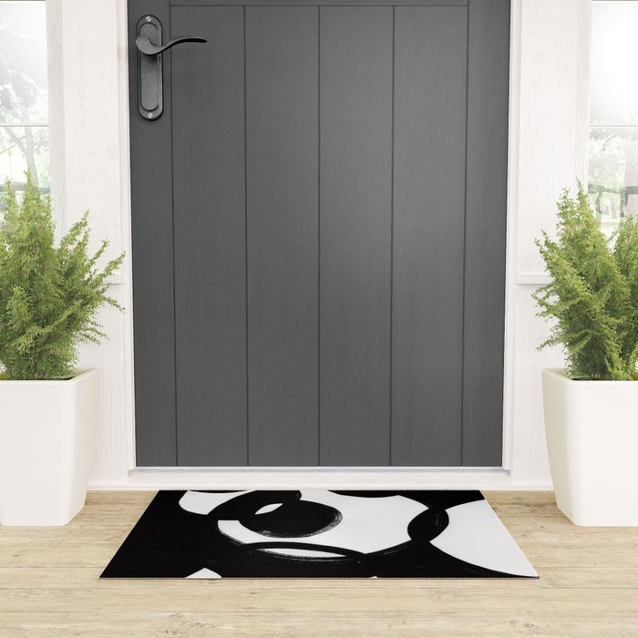 Circle Spirals Black & White Minimalist Ink Tribal Mid Century Pattern Dark Painting Pattern Welcome Mat Gallery Image 3