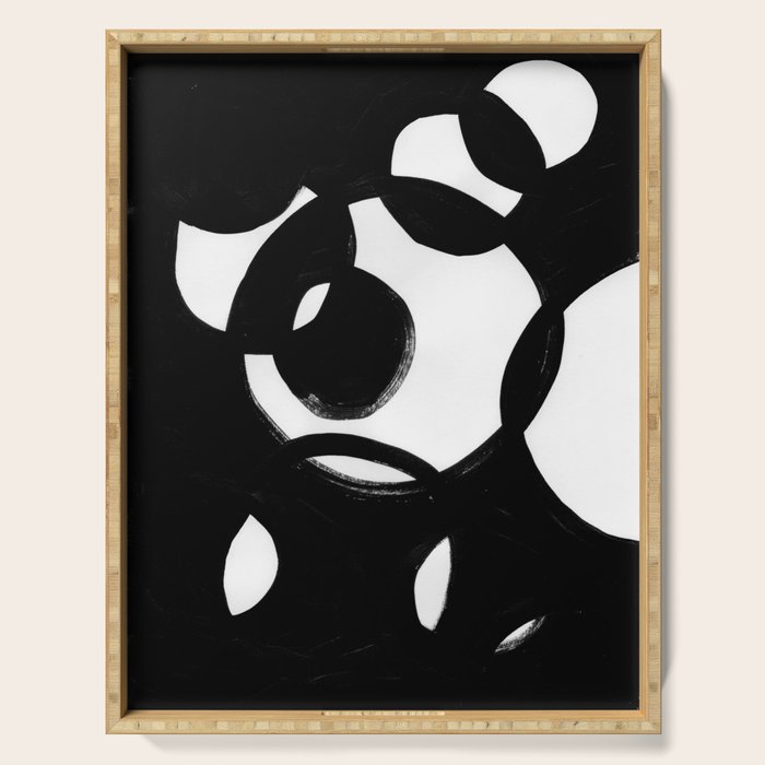 Circle Spirals Black & White Minimalist Ink Tribal Mid Century Pattern Dark Painting Pattern Serving Tray Gallery Image 1