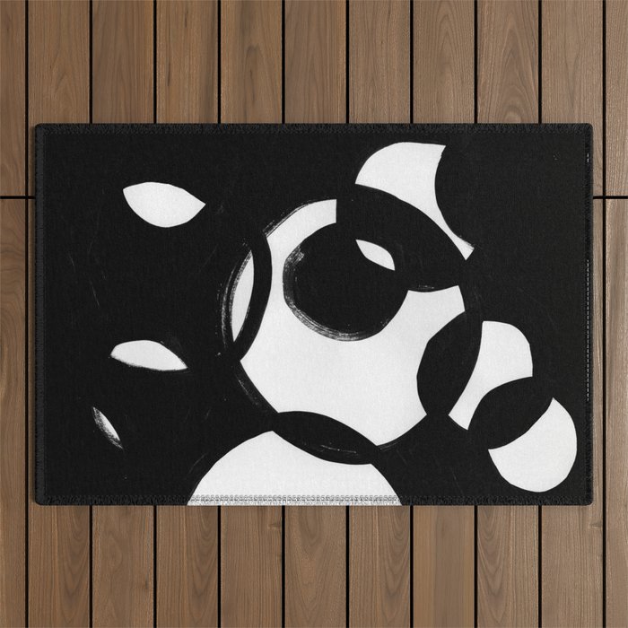 Circle Spirals Black & White Minimalist Ink Tribal Mid Century Pattern Dark Painting Pattern Outdoor Rug Gallery Image 1