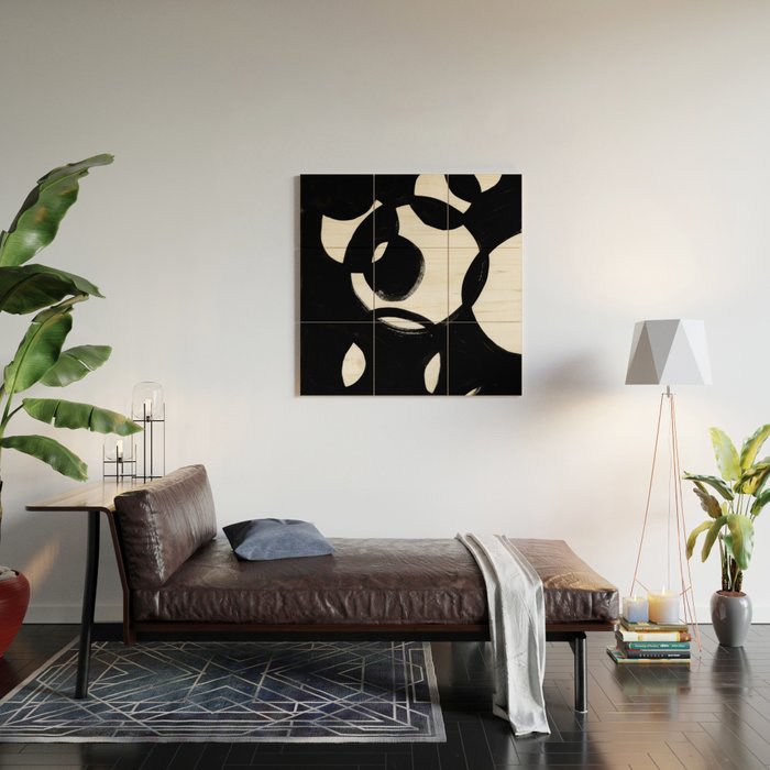 Circle Spirals Black & White Minimalist Ink Tribal Mid Century Pattern Dark Painting Pattern Wood Wall Art Gallery Image 2