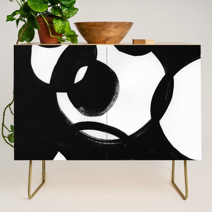 Circle Spirals Black & White Minimalist Ink Tribal Mid Century Pattern Dark Painting Pattern Credenza Gallery Image 1