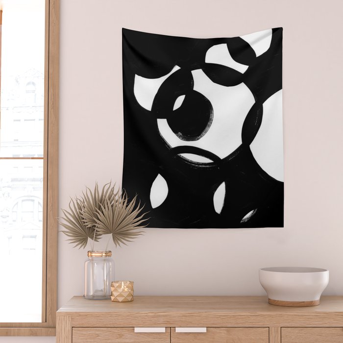 Circle Spirals Black & White Minimalist Ink Tribal Mid Century Pattern Dark Painting Pattern Wall Tapestry Gallery Image 2