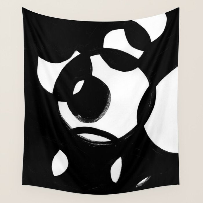 Circle Spirals Black & White Minimalist Ink Tribal Mid Century Pattern Dark Painting Pattern Wall Tapestry Gallery Image 1