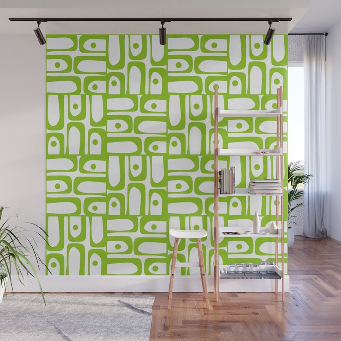 Mid Century Modern Abstract Lime Green and White Piquet Multi Pattern Wall Mural Gallery Image 1