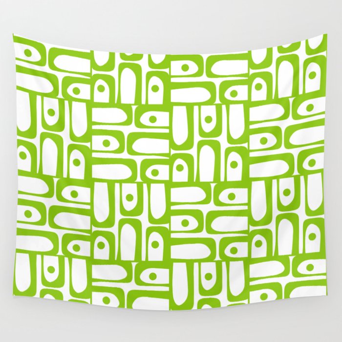 Mid Century Modern Abstract Lime Green and White Piquet Multi Pattern Wall Tapestry Gallery Image 1