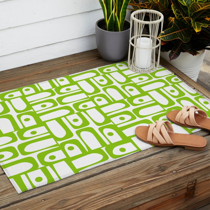 Mid Century Modern Abstract Lime Green and White Piquet Multi Pattern Outdoor Rug Gallery Image 2