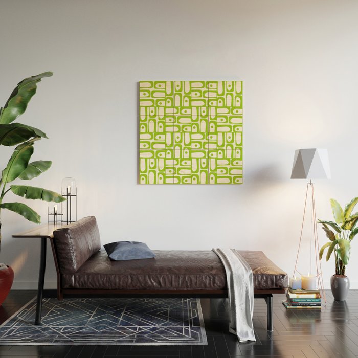 Mid Century Modern Abstract Lime Green and White Piquet Multi Pattern Wood Wall Art Gallery Image 2