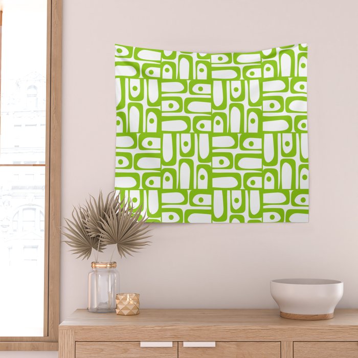 Mid Century Modern Abstract Lime Green and White Piquet Multi Pattern Wall Tapestry Gallery Image 2
