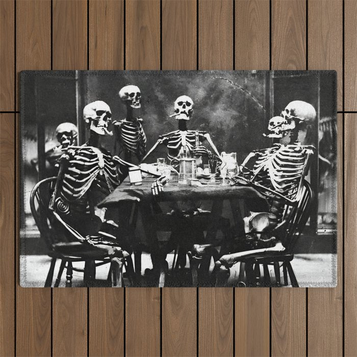 Six Skeletons Smoking vintage black and white photograph / photography poster Outdoor Rug Gallery Image 1