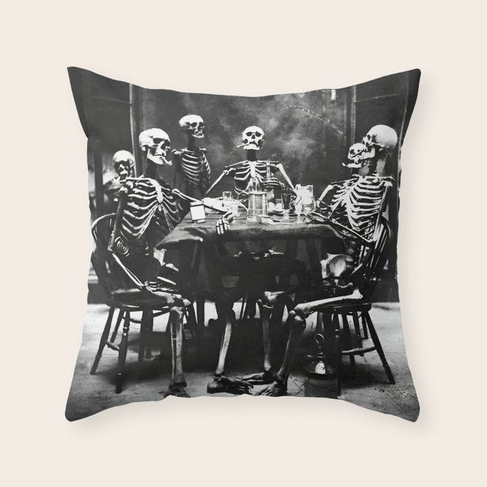 Six Skeletons Smoking vintage black and white photograph / photography poster Throw Pillow Gallery Image 1