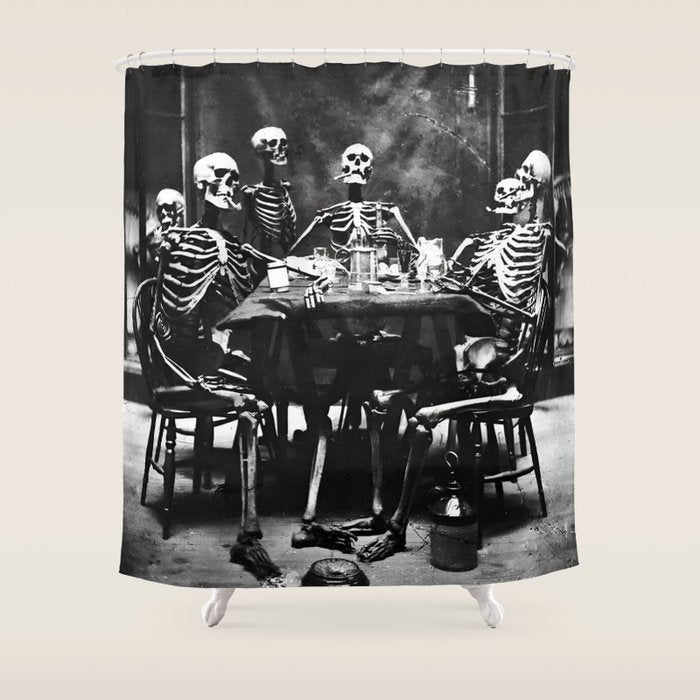 Six Skeletons Smoking vintage black and white photograph / photography poster Shower Curtain Gallery Image 1