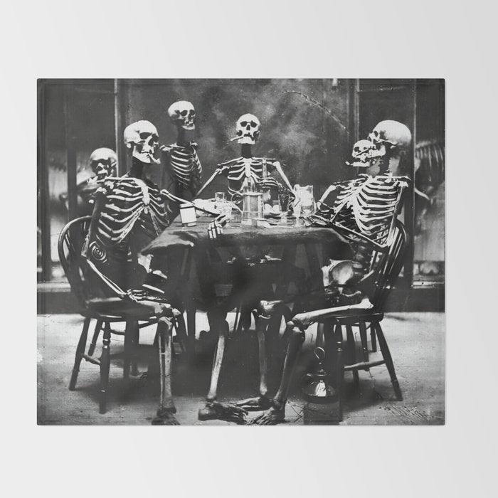 Six Skeletons Smoking vintage black and white photograph / photography poster Throw Blanket Gallery Image 2