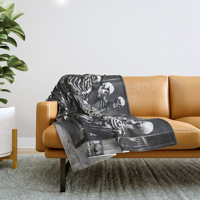 Six Skeletons Smoking vintage black and white photograph / photography poster Throw Blanket Gallery Image 1