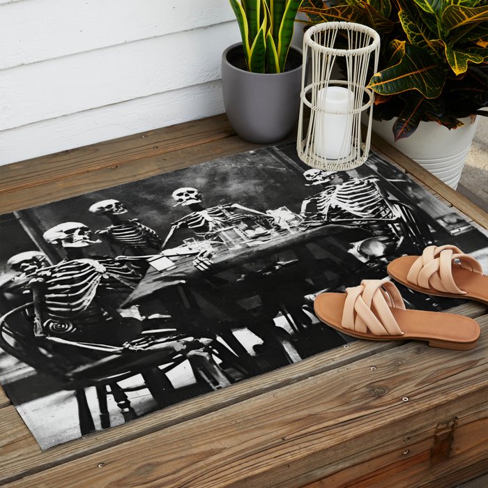 Six Skeletons Smoking vintage black and white photograph / photography poster Outdoor Rug Gallery Image 2