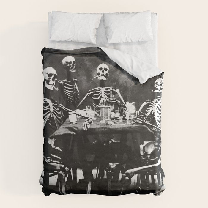 Six Skeletons Smoking vintage black and white photograph / photography poster Duvet Cover Gallery Image 1