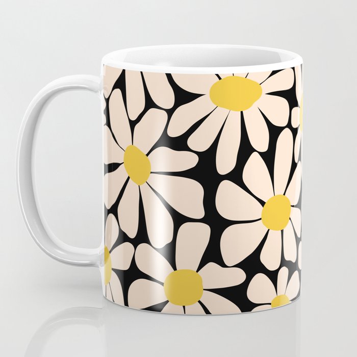 Retro Fun Floral - Off-white, Yellow and Black Coffee Mug Gallery Image 3