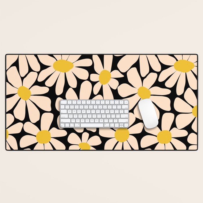 Retro Fun Floral - Off-white, Yellow and Black Desk Mat Gallery Image 1