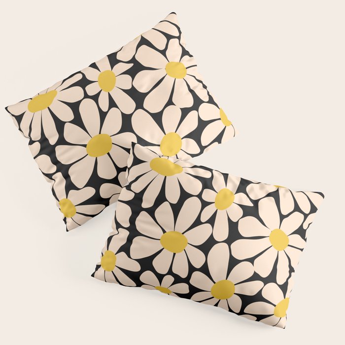 Retro Fun Floral - Off-white, Yellow and Black Pillow Sham Gallery Image 1
