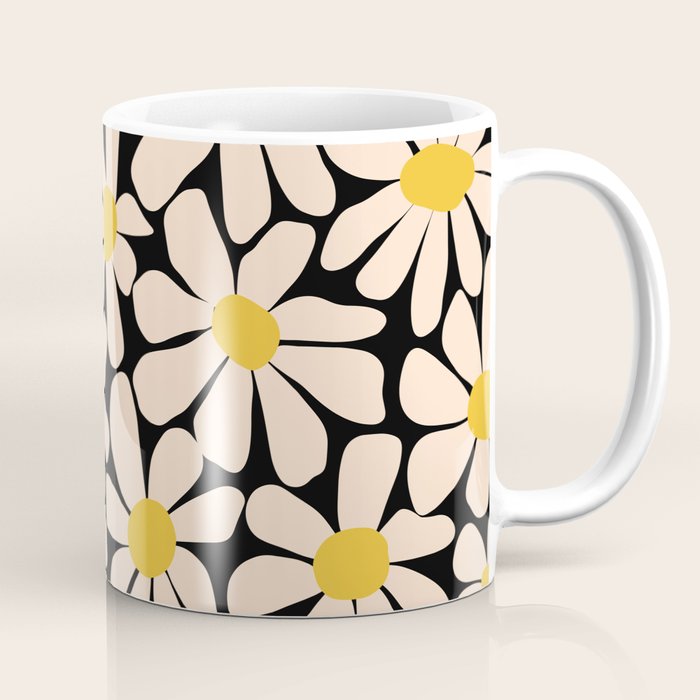 Retro Fun Floral - Off-white, Yellow and Black Coffee Mug Gallery Image 1
